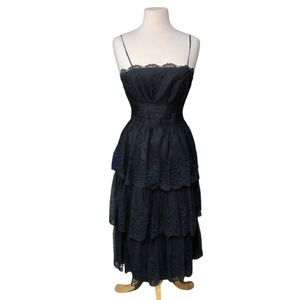 Vintage 70’s tiered skirt black lace spaghetti strap dress Union made approx 4/6